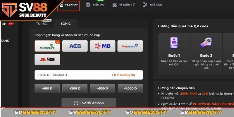 Nạp tiền SV88 bằng internet Banking – QR