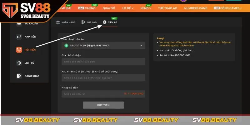 Hướng dẫn rút tiền SV88