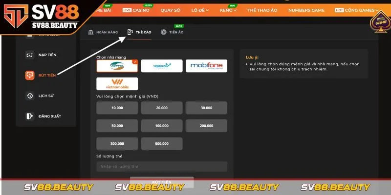 Hướng dẫn rút tiền SV88